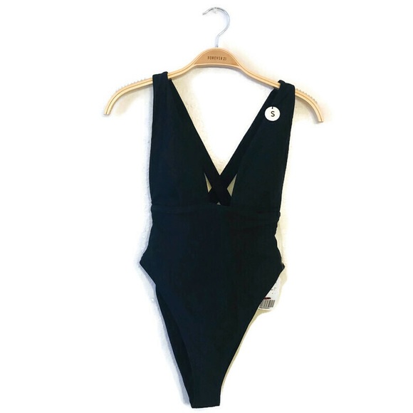 New Black Deep Plunge One Piece Swim Swimsuit - Picture 2 of 4